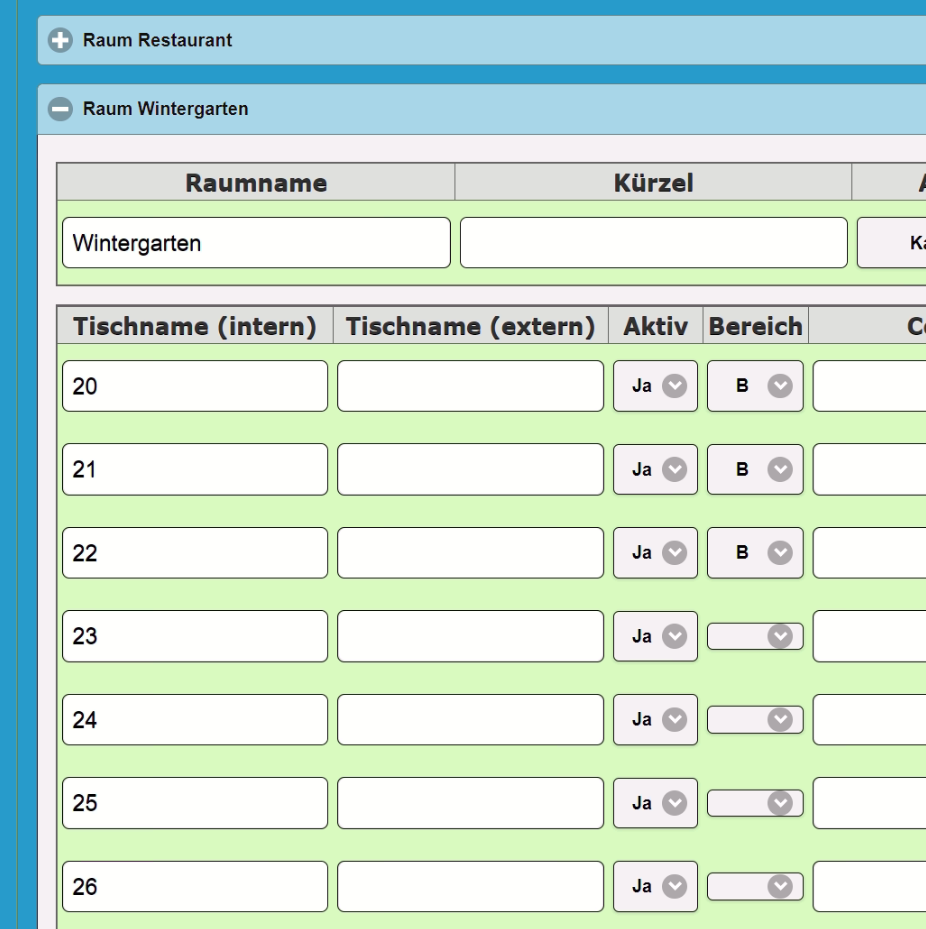 Raumplan - Wintergarten - Tischbereiche