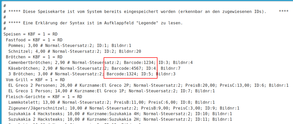Barcodeangabe in der Speisekarte
